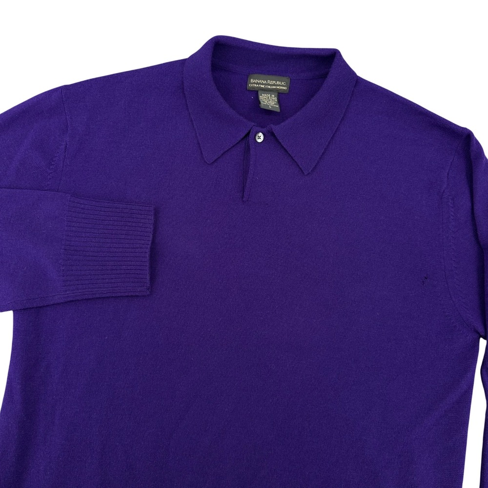 Banana Republic Extra Fine Merino Wool Polo Sweater Purple Mens Large FLAW